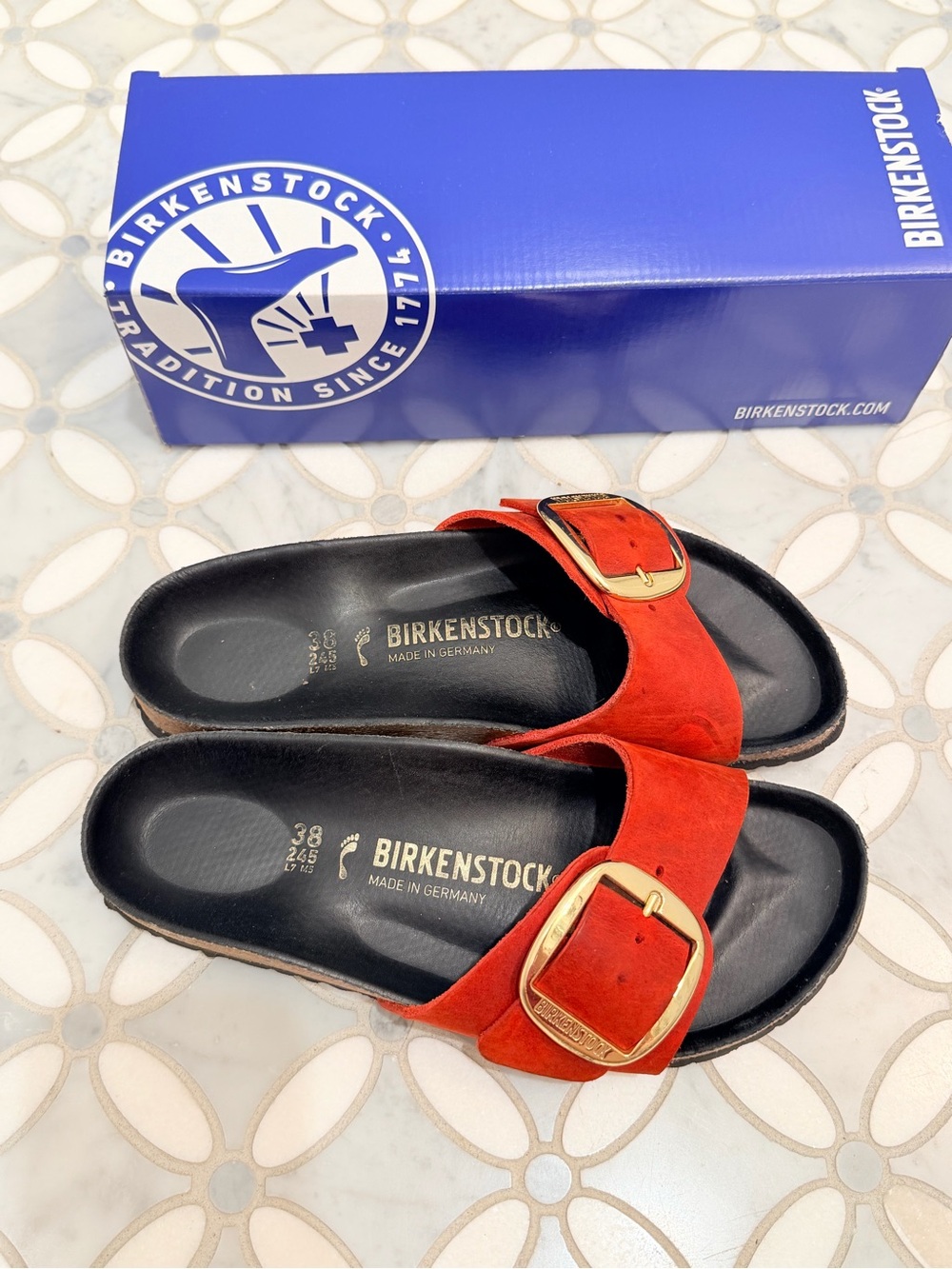 Birkenstock Madrid Big Buckle Sandals Crimson Red Oiled Leather Gold Narrow 38 - Picture 3 of 15